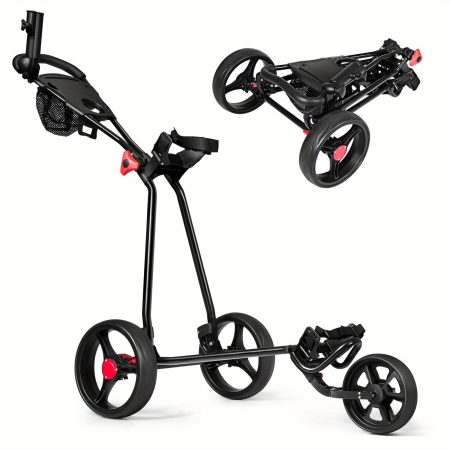 New Foldable 3 Wheel Golf Pull Push Cart Trolley Scorecard Drink Holder Mesh Bag