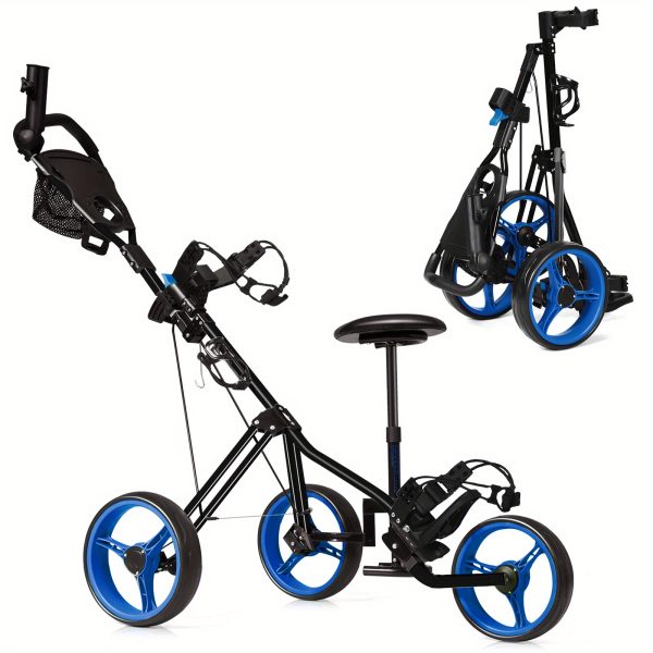 Foldable 3 Wheel Push Pull Golf Club Cart Trolley w/Seat Scoreboard Bag Blue