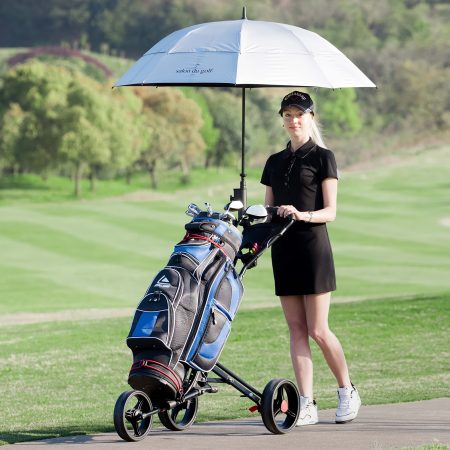 COSTWAT 1pc Foldable 3 Wheels Steel Golf Pull Push Cart, Trolley Club With Umbrella Holder