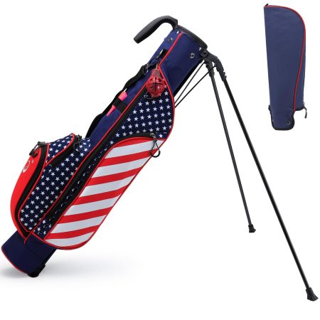 Golf Stand Bag, Lightweight Golf Club Bags with Stand, Detachable Strap, Small Carry Bags with 4 Pockets and Rain Hood, Ideal for Driving Range, Quick Nine and Par 3 Course, USA Flag